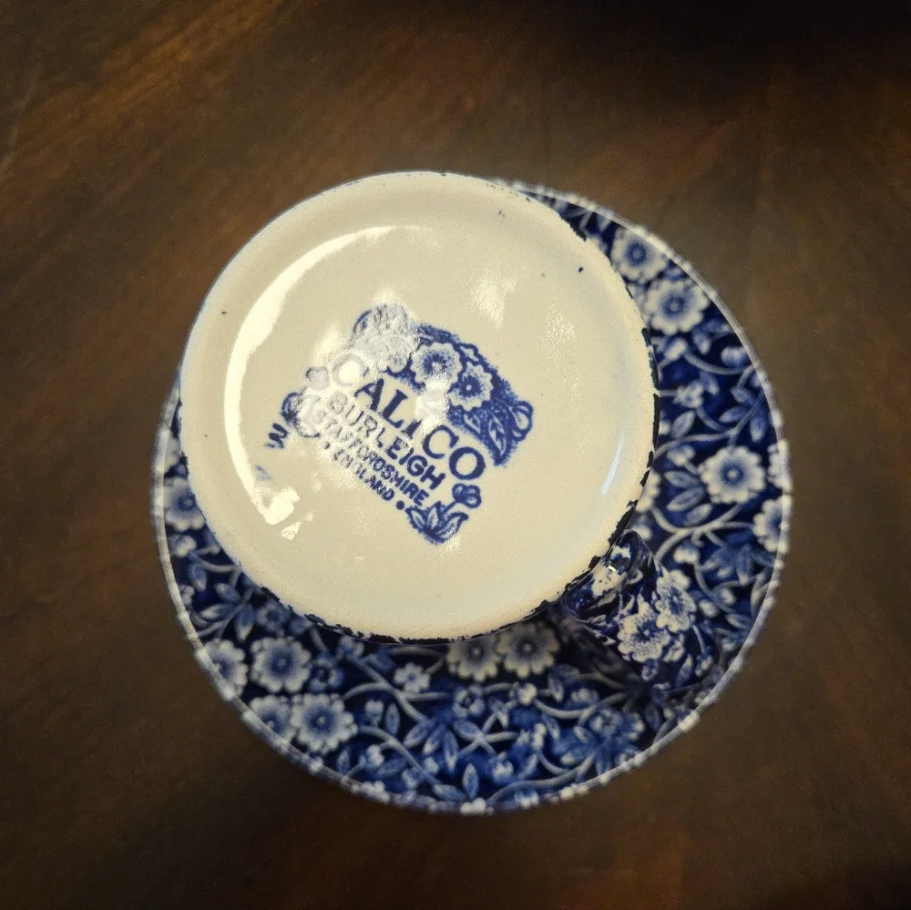 Vtg.Blue Calico Coffee Mug, Saucer, Dessert Plate, Blue Handled Spoon